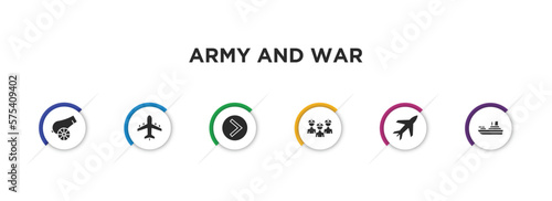 army and war filled icons with infographic template. glyph icons such as canon, plane, chevron, brigade, airplane, militar ship vector.