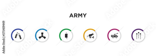 army filled icons with infographic template. glyph icons such as dinamite, toxic, blood transfusion, cannon, amphibian, union military strategy vector.