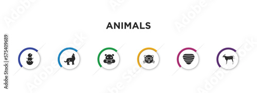 animals filled icons with infographic template. glyph icons such as chick, coyote, hippo, ferret, clam, calf vector.