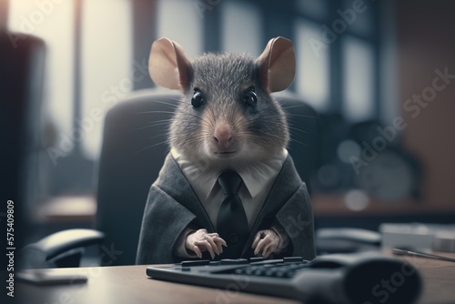 Portrait of a mouse in business suit in the office. Generative AI.