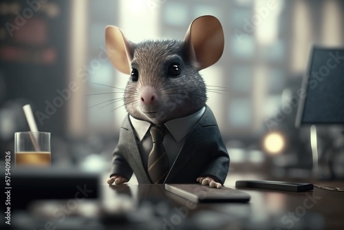 Portrait of a mouse in business suit in the office. Generative AI.