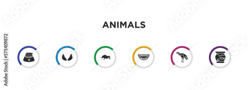 animals filled icons with infographic template. glyph icons such as pet food, wing, coelodonta, monster mouth, condor, fishbowl vector.