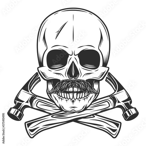 Skull with mustache and crossed builder hammers from new construction and remodeling house business in monochrome vintage style isolated vector illustration