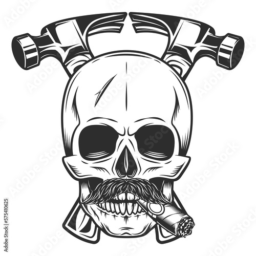 Skull smokig cigar or cigarette with mustache and builder crossed hammers from new construction and remodeling house business in monochrome vintage style illustration