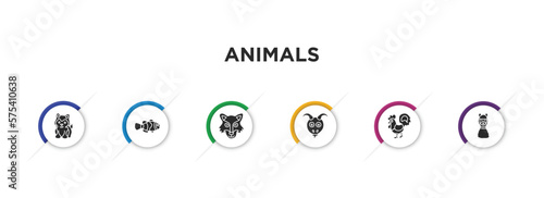 animals filled icons with infographic template. glyph icons such as siberian husky, clown fish, wolf, goat, cock, lama vector.