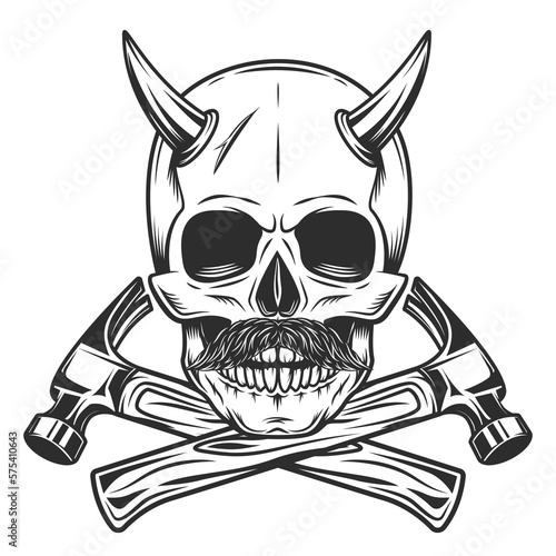 Skull with horn with mustache with builder crossed hammers from new construction and remodeling house business in monochrome vintage style illustration