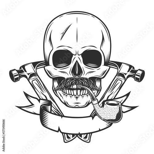 Skull smokig pipe with mustache and builder crossed hammers from new construction and remodeling house business in monochrome vintage style illustration