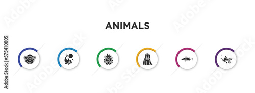 animals filled icons with infographic template. glyph icons such as chimpanzee, dolphin jumping, hedgehog, baboon, zander, gold fish vector.