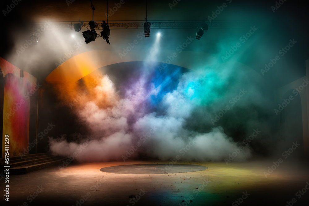 stage for performances illuminated by spotlights in multi-colored smoke