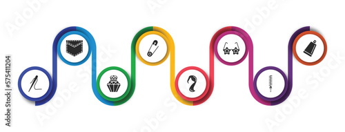 woman clothing filled icons with infographic template. glyph icons such as pocket, safety pin, childish eyeglasses, creme container black, needle, parfum, female long black hair, zip vector.
