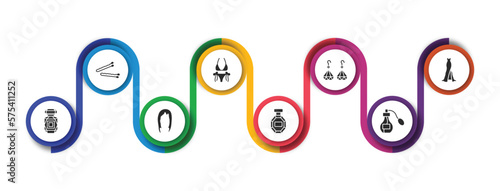 woman clothing filled icons with infographic template. glyph icons such as hair clip tool, string bikini, dangling earrings, long black gown, perfume bottle, hair wig, stylish perfume bottle,