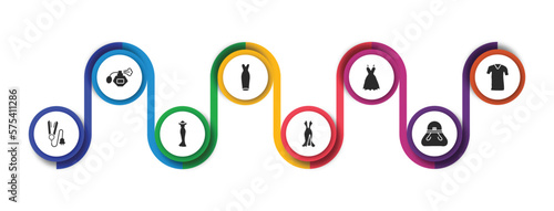 woman clothing filled icons with infographic template. glyph icons such as parfum bottle, strapless tube dress, lace dress with belt, clothes, hair iron, female long black dress, sexy female female