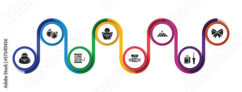 woman clothing filled icons with infographic template. glyph icons such as round earrings, handbag of female, long dress, bow black, hobo shoulder bag, thread spool, eyes shades makeup, liquid