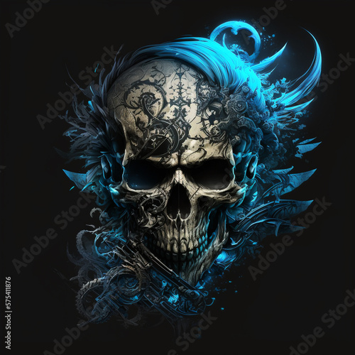 skull in blue fire on black background