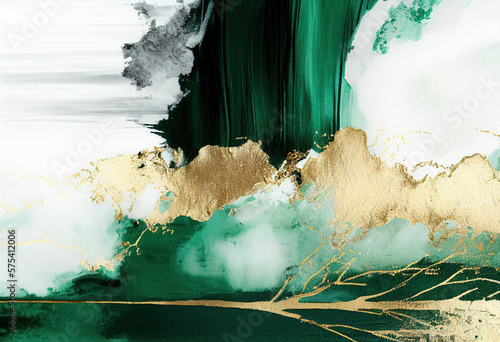 Abstract green oil texture with gold pattern, Generative AI © Schizarty
