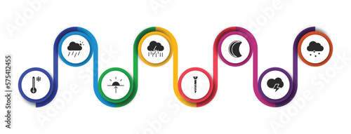 weather filled icons with infographic template. glyph icons such as downpour, rainfall, waning moon, ice pellets, freezing, dawn, bolt, stormy vector.