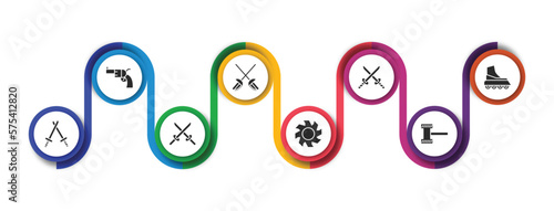 weapons filled icons with infographic template. glyph icons such as revolvers, sabre, 2 katanas, boarding, battle, two katanas, blade, thor hammer vector.