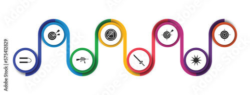 weapons filled icons with infographic template. glyph icons such as objetive, no arms, dart board game, shooting target, japanese nunchaku, hine gun, katana with handle, burst vector.