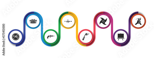 weapons filled icons with infographic template. glyph icons such as brass knuckles, bazooka, japanese shuriken, samurai, no shooting, musket, molotov cocktail, boards vector.