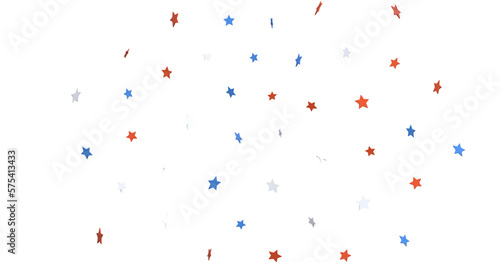 A blue glitter confetti border with red and blue stars on white