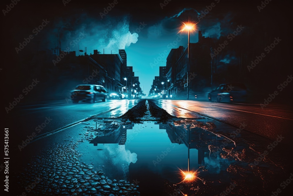 Negative atmosphere in the background. The wet pavement reflected the nighttime darkness of the street. Neon rays, neon characters, and smoke. View of the city at night. Black, abstract background. Sp