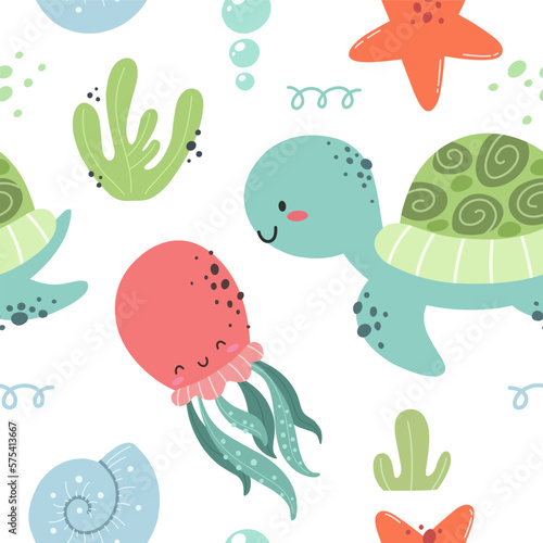 Seamless pattern with marine life. Sea and ocean, flora and fauna. Vector.