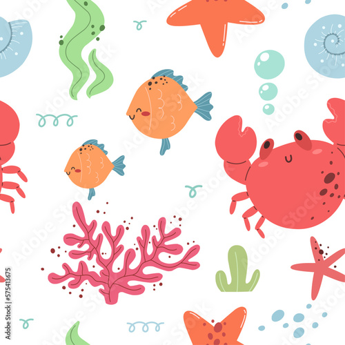 Seamless pattern with marine life. Sea and ocean, flora and fauna. Vector.