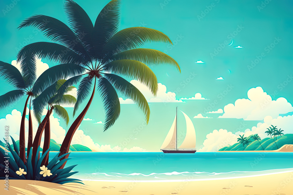 Insel mit Palmen und Blick zu einem Segelschiff, Illustration