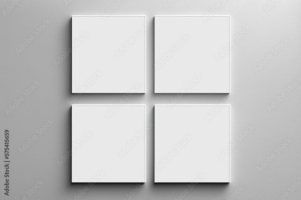 Grid of 4 square blank canvases mockups hanging on a wall. Generative AI - obrazy, fototapety, plakaty 
