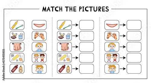 Match the pictures. Vector Bathroom elements and personal hygiene items. Worksheet development baby.