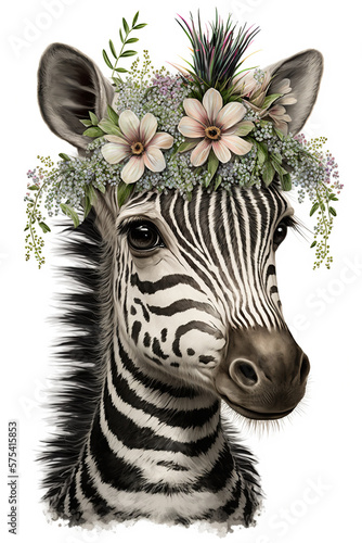 Baby zebra with a crown of flowers isolated on a white background watercolor  Generative AI