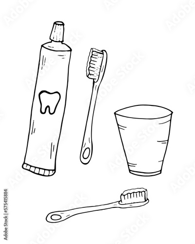 Coloring page Toothbrushes, toothpaste, mouthwash Outline vector illustration. Doodle style.