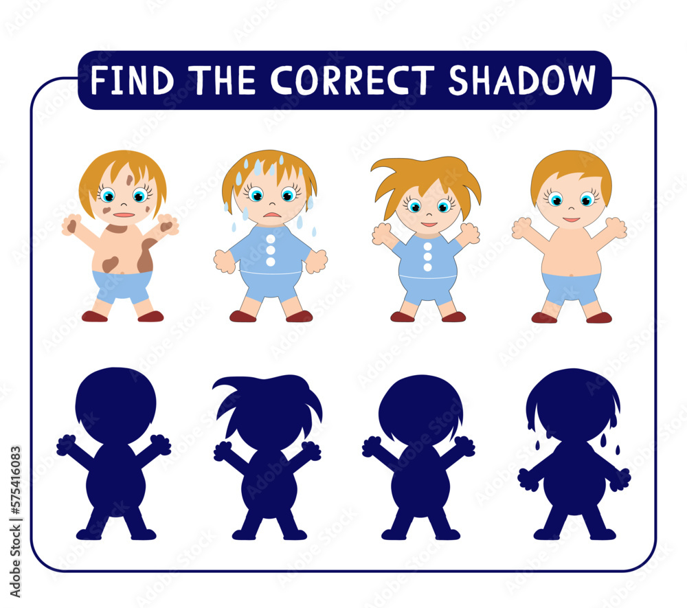 Find correct shadows. Clean, dirty, shaggy, wet Vector illustration. Worksheet development baby. Find correct shadows. Clean, dirty, shaggy, wet Vector illustration. Worksheet development baby.