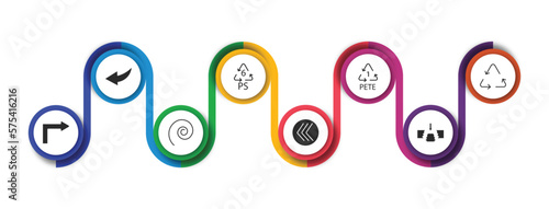user interface filled icons with infographic template. glyph icons such as curve left arrow, 6 ps, 1 pete, recycable, turn right arrow, spiral tool, go back button, gap vector.