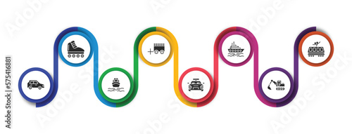 transportation filled icons with infographic template. glyph icons such as inline skates, oxcart, cruiser, light rail, hatchback, boat front view, sports car, excavators vector.