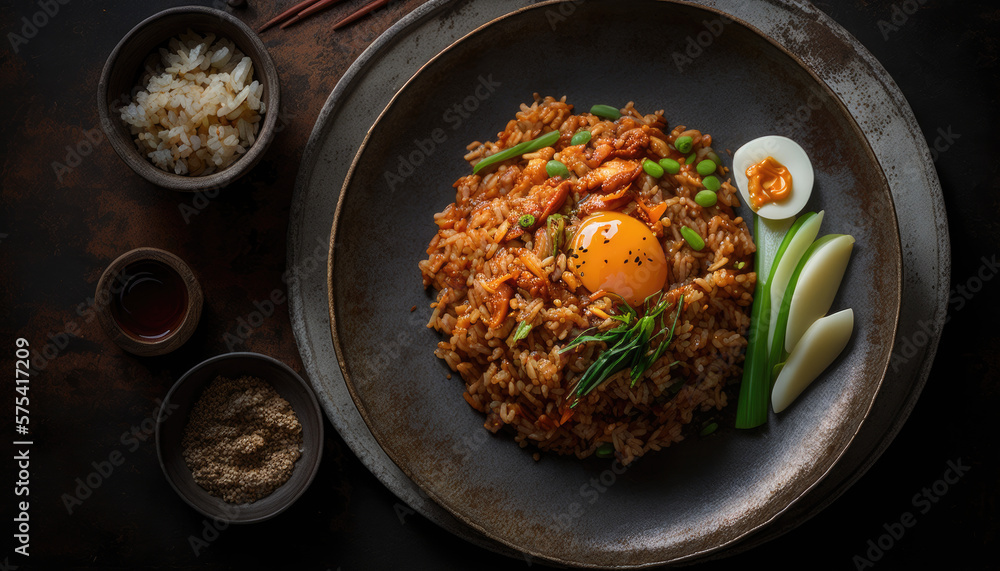 Kimchi Fried Rice with Egg and Banchan on a Plate. Generative AI