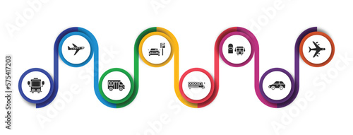 transport filled icons with infographic template. glyph icons such as planes, car parking, scholar bus stop, airplane flying, bus front with driver, school van, school bus empty, auto vector.