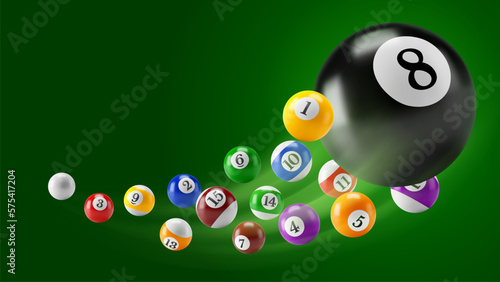Banner or card template for Pool, Snooker or American billiards club. Ball with number 8 and other balls, flying above green background. Place for text. Vector 3d realistic illustration