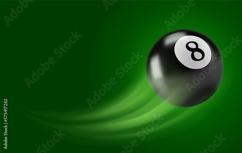 Banner or card template for Pool, Snooker or American billiards club. Ball with number 8 flying above green background. Place for text. Vector 3d realistic illustration