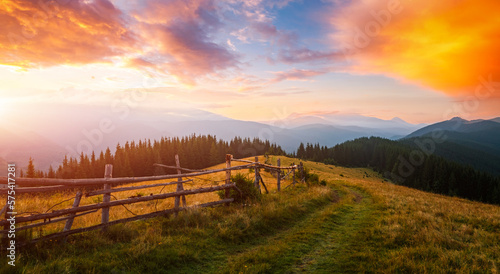 Majestic view of the sunrise over the mountain ranges. Carpathian mountains, Ukraine.
