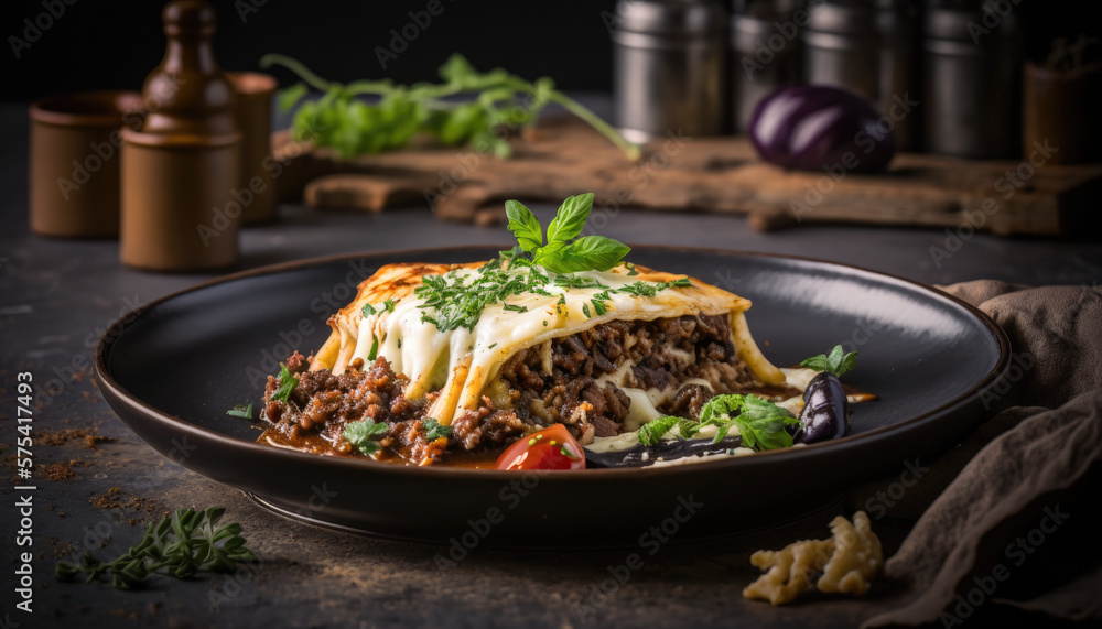 Greek Eggplant and Meat Casserole with Bechamel Sauce on a Plate. Generative AI