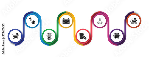 transport filled icons with infographic template. glyph icons such as seatbelt, workshop repair, space rocket launch, fishing boat, pram, semaphore, hands free device, public transport vector.