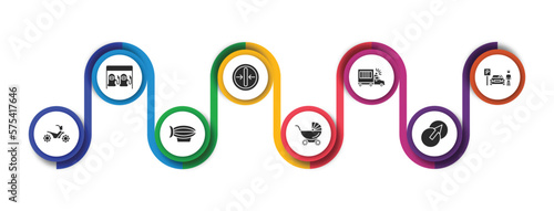 transport filled icons with infographic template. glyph icons such as petrol station, slim, prison bus, parking men, quad bike, blimp, baby trolley, transition vector.