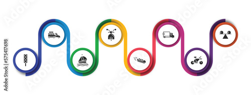 transport filled icons with infographic template. glyph icons such as loaded truck side view, motorbike, free transport, stability, car traffic, sailing boat, bobsleigh, bikes vector.