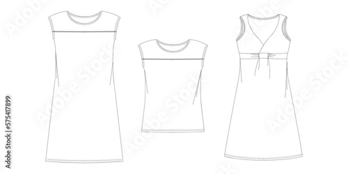 Woman dresses  shirts and tunics technical drawing  template  sketch  flat  mock up. Jersey or woven fabric dress front view  white color 