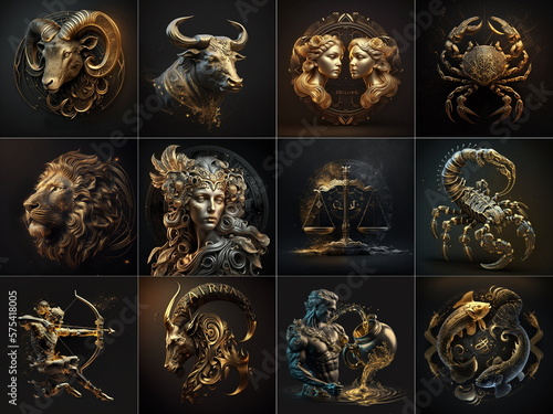 Premium Golden Set of zodiac signs against space nebula background. Astrology calendar. Esoteric horoscope and fortune telling concept. Created with Generative AI
