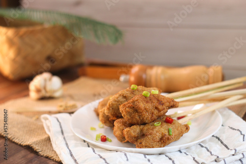 Sempol ayam made of ground chicken or fish, spices, egg and flour. Healthy Eating: a High-Angle View of a Dish. photo