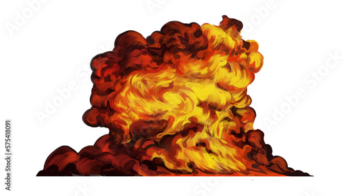 Big orange bright explosion with black smoke hand drawn illustration isolated PNG	