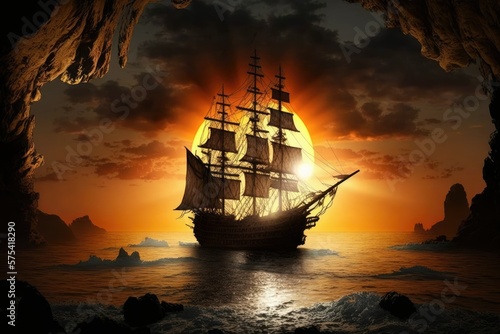 Sun setting on pirate ship. Generative AI