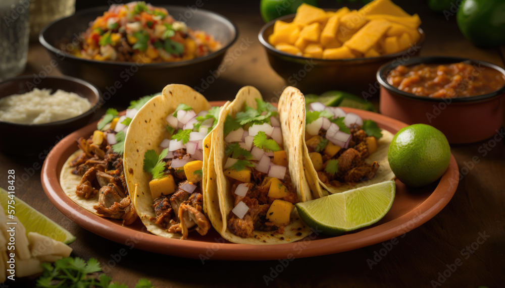 Delicious pork tacos with pineapple and cilantro. Generative AI